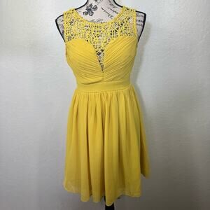 Maniju dress high neck crotchet‎ sleeveless flare prom Yellow Lace formal Dress